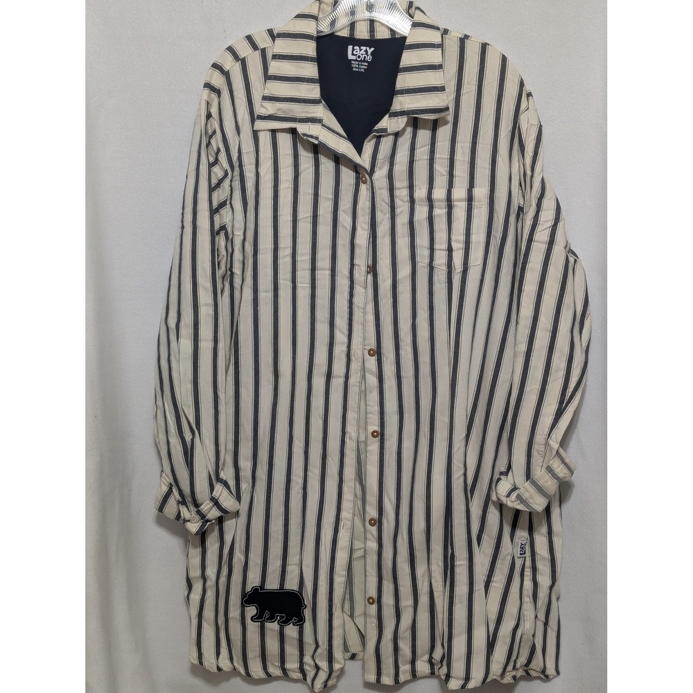 Lazy One Womens Striped Cotton Nightshirt Sleep Shirt Bear Patch Cream Navy L/XL